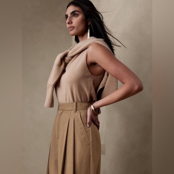 RETAIL BR Petite Wide Leg Italian Wool Pant in Camel - Picture 4 of 12